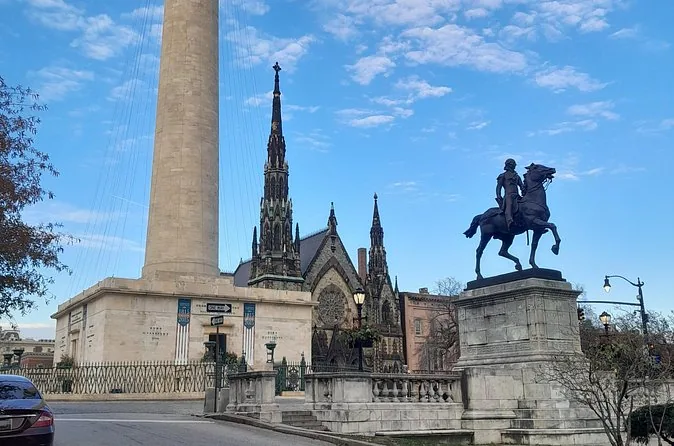 The marble column of the Washington Monument rising above Mount Vernon Place in Baltimore